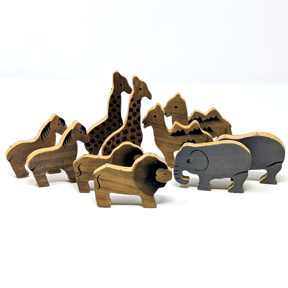 Vtg Handmade Wooden Zoo Animals Toy Lot | Natural Rustic Prim Nursery Kids Decor